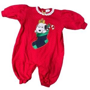 Snoopy Peanuts Christmas Romper Baby 12 Months Red‎ Woodstock Playsuit Vintage
